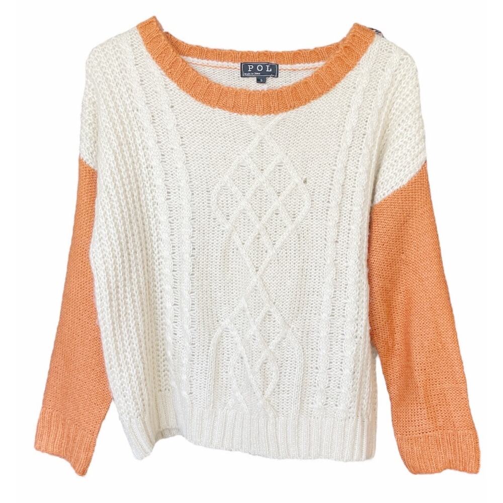POL Two-Tone Knit Cable Pullover Sweater Size Small Orange Off White